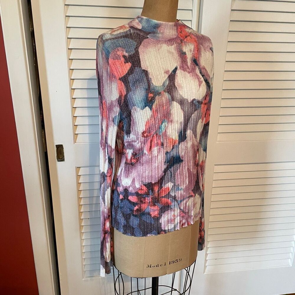 Anthropologie Floral Ribbed Mock Neck Sweater - Pink, Blue, White - Picture 4 of 11